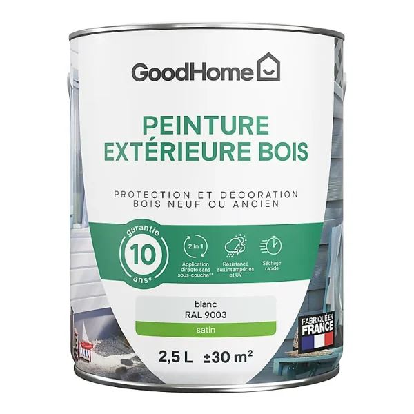 site officiel Castorama Peinture Bois Extérieur GoodHome Blanc Satin 2.5L 1