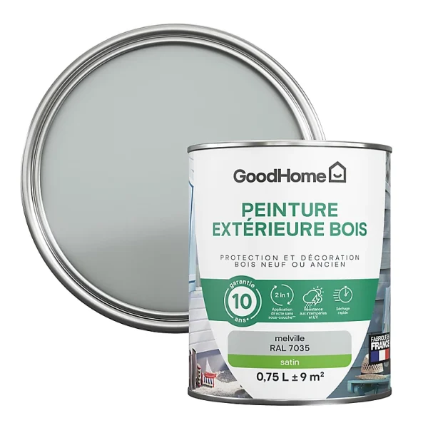 vente pas cher en ligne Castorama Peinture Bois Extérieur GoodHome Melvil Gris Satin 0.75L 1