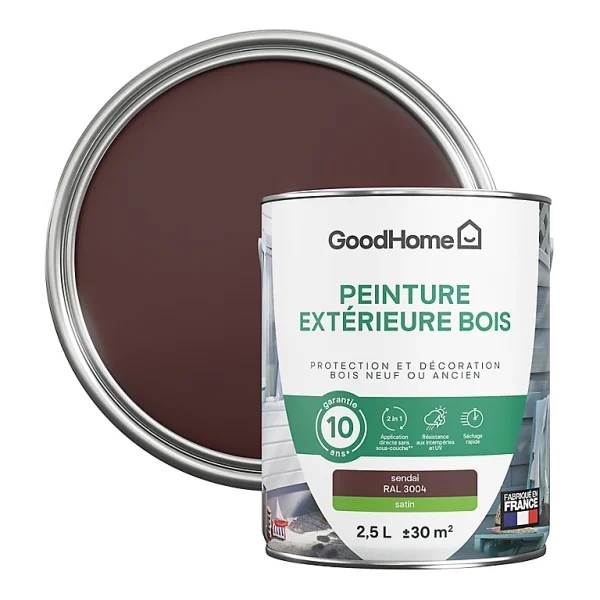 Castorama Peinture Bois Extérieur GoodHome Sendai Rouge Satin 2.5L boutique en ligne 1