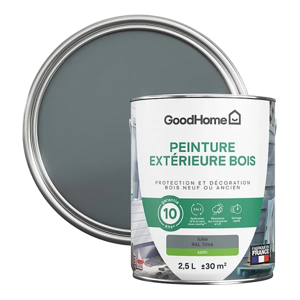 luxe soldes Castorama Peinture Bois Extérieur GoodHome Tulsa Gris Satin 2.5L 1